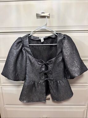 H&M Metallic Puff-Sleeve Tie-Front Top - Silver Black